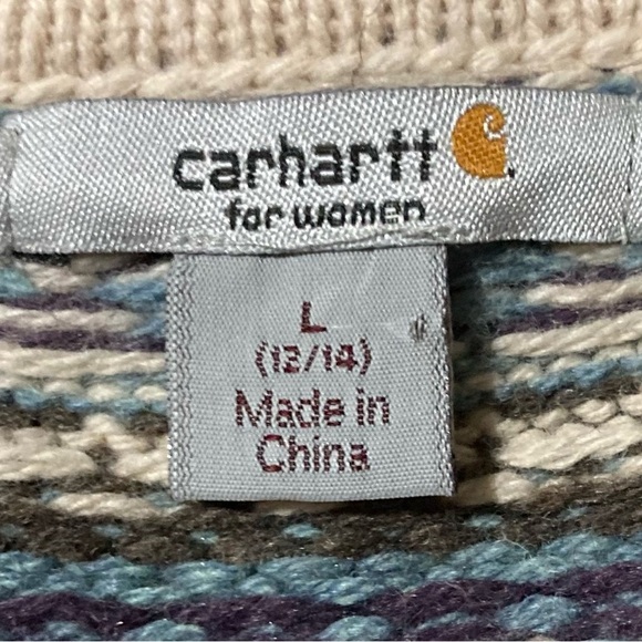 Carhartt Cream Full Zip Cardigan Sweater with Multi-Color Fair Isle Pattern - Picture 4 of 10